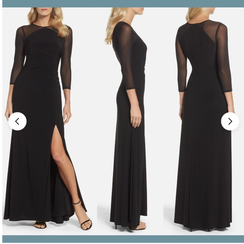 NWT Adrianna Papell Illusion Jersey Gown with Long Sleeves Black